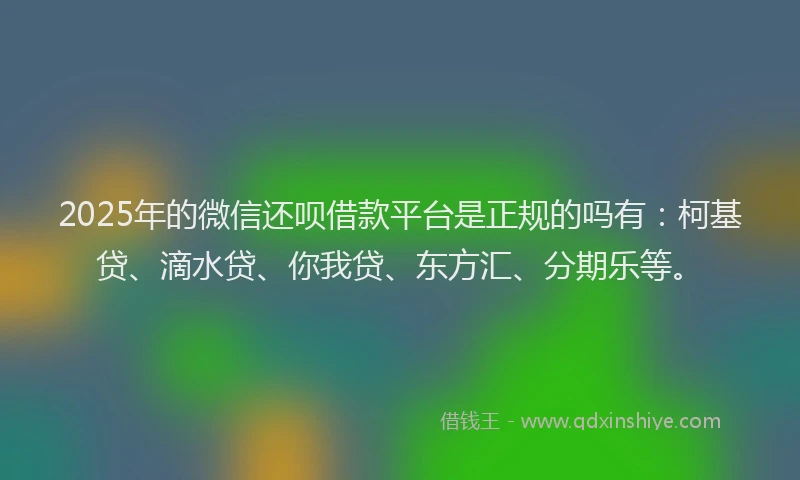2025年的微信还呗借款平台是正规的吗有：柯基贷、滴水贷、你我贷、东方汇、分期乐等。