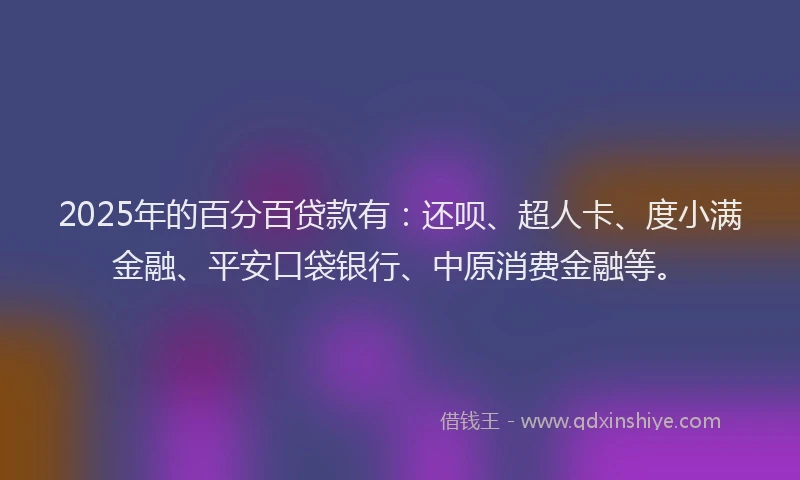 2025年的百分百贷款有：还呗、超人卡、度小满金融、平安口袋银行、中原消费金融等。