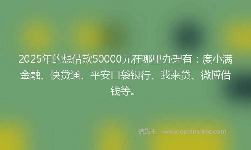 2025年的想借款50000元在哪里办理有：度小满金融、快贷通、平安口袋银行、我来贷、微博借钱等。