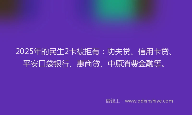 2025年的民生2卡被拒有：功夫贷、信用卡贷、平安口袋银行、惠商贷、中原消费金融等。