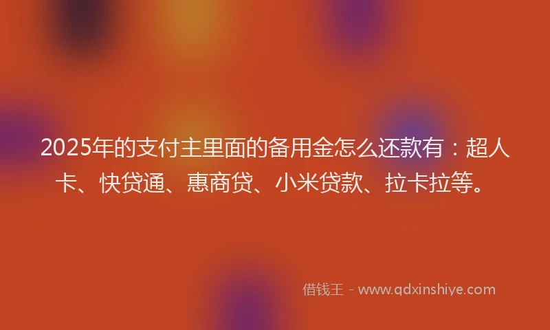 2025年的支付主里面的备用金怎么还款有：超人卡、快贷通、惠商贷、小米贷款、拉卡拉等。