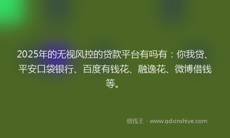 2025年的无视风控的贷款平台有吗有：你我贷、平安口袋银行、百度有钱花、融逸花、微博借钱等。
