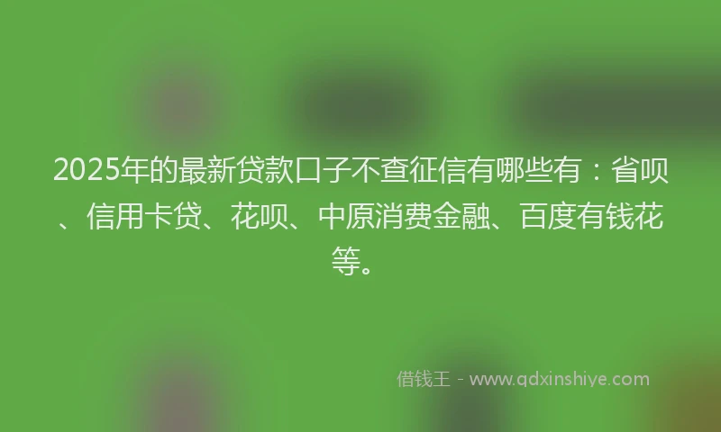2025年的最新贷款口子不查征信有哪些有：省呗、信用卡贷、花呗、中原消费金融、百度有钱花等。