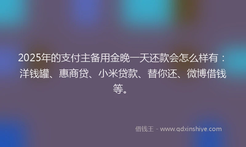 2025年的支付主备用金晚一天还款会怎么样有：洋钱罐、惠商贷、小米贷款、替你还、微博借钱等。