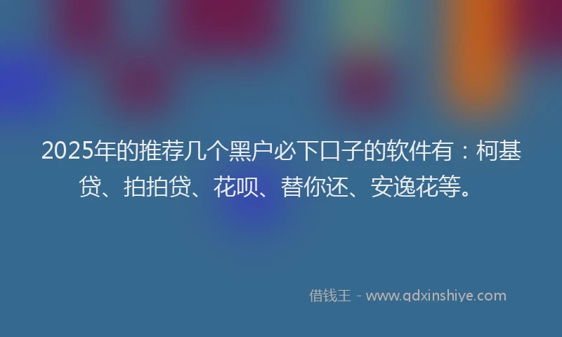 2025年的推荐几个黑户必下口子的软件有：柯基贷、拍拍贷、花呗、替你还、安逸花等。