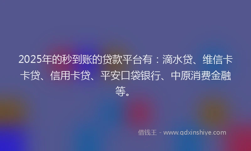2025年的秒到账的贷款平台有：滴水贷、维信卡卡贷、信用卡贷、平安口袋银行、中原消费金融等。