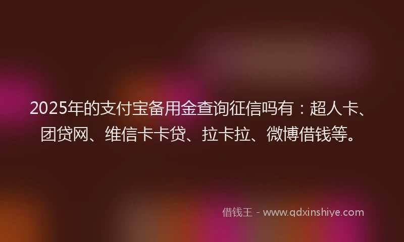 2025年的支付宝备用金查询征信吗有：超人卡、团贷网、维信卡卡贷、拉卡拉、微博借钱等。