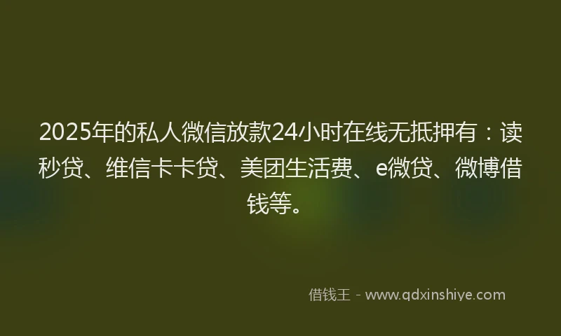 2025年的私人微信放款24小时在线无抵押有：读秒贷、维信卡卡贷、美团生活费、e微贷、微博借钱等。