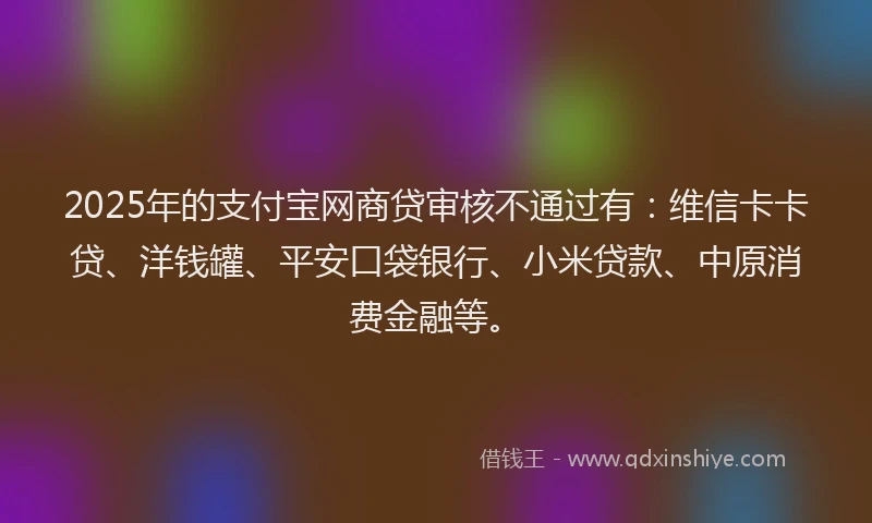 2025年的支付宝网商贷审核不通过有：维信卡卡贷、洋钱罐、平安口袋银行、小米贷款、中原消费金融等。