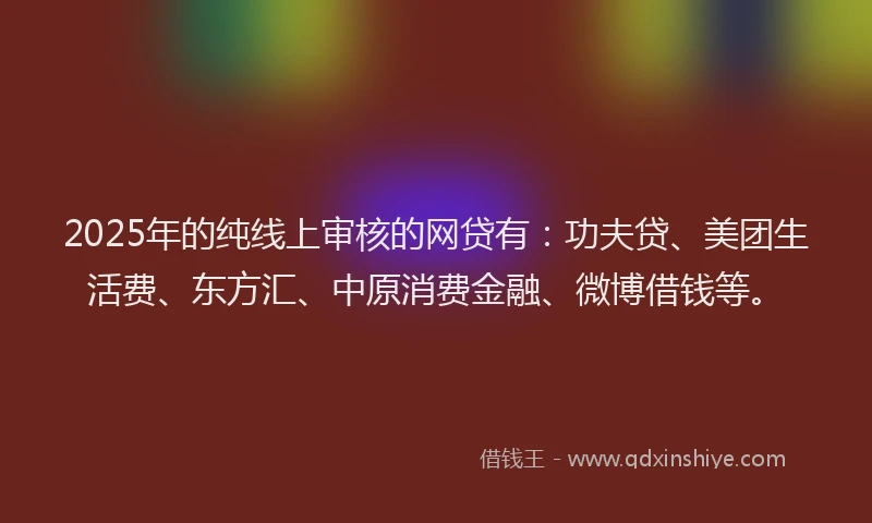 2025年的纯线上审核的网贷有：功夫贷、美团生活费、东方汇、中原消费金融、微博借钱等。