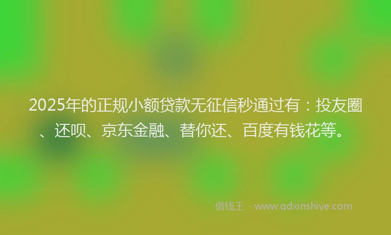 2025年的正规小额贷款无征信秒通过有：投友圈、还呗、京东金融、替你还、百度有钱花等。