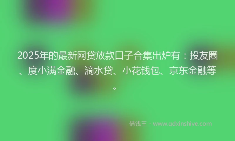 2025年的最新网贷放款口子合集出炉有：投友圈、度小满金融、滴水贷、小花钱包、京东金融等。