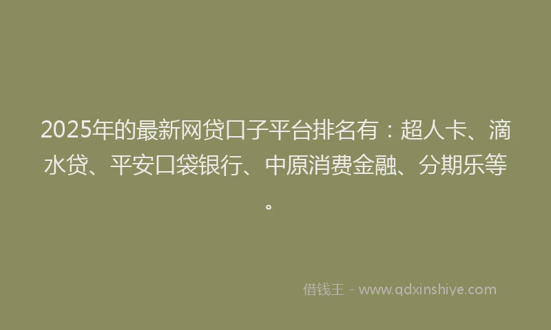 2025年的最新网贷口子平台排名有：超人卡、滴水贷、平安口袋银行、中原消费金融、分期乐等。