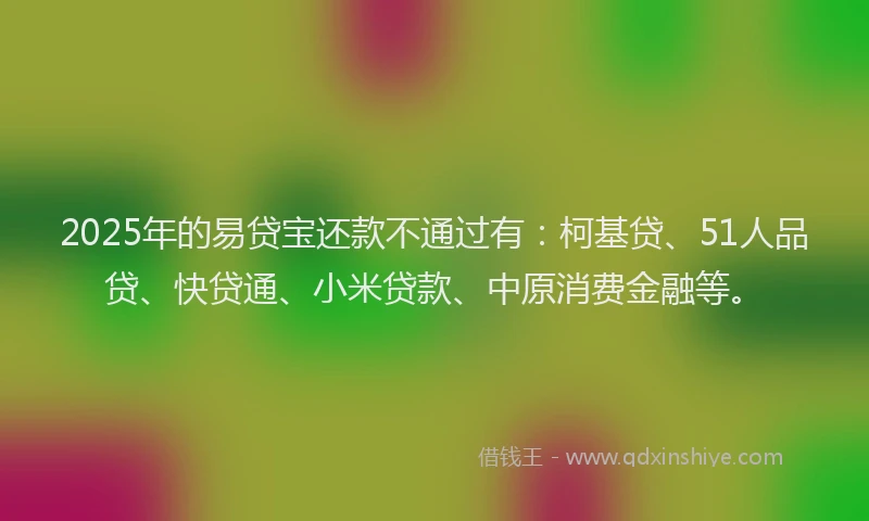 2025年的易贷宝还款不通过有：柯基贷、51人品贷、快贷通、小米贷款、中原消费金融等。