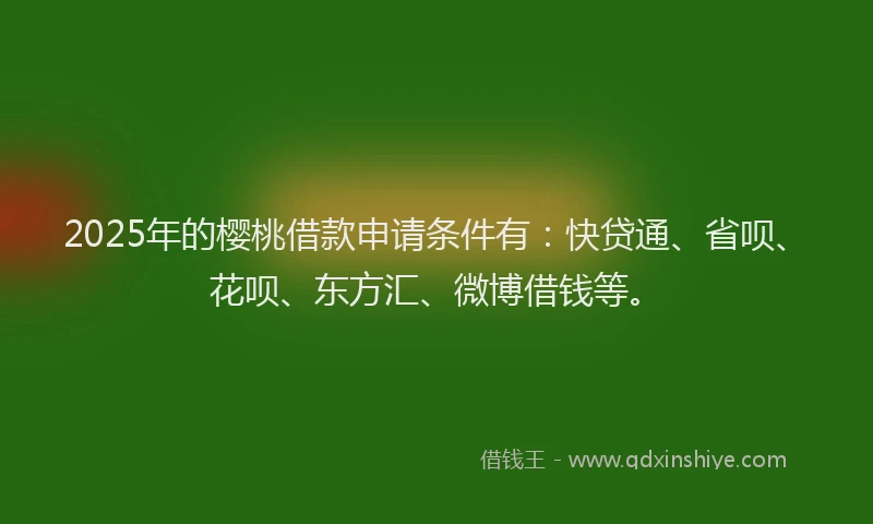 2025年的樱桃借款申请条件有：快贷通、省呗、花呗、东方汇、微博借钱等。