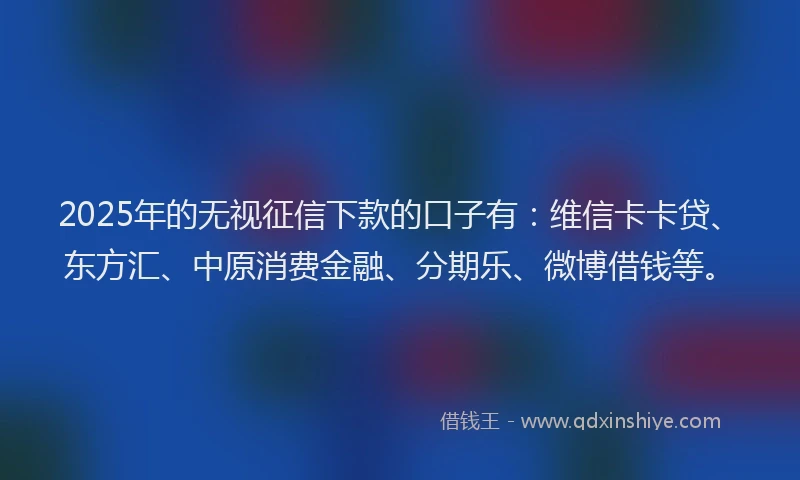 2025年的无视征信下款的口子有：维信卡卡贷、东方汇、中原消费金融、分期乐、微博借钱等。
