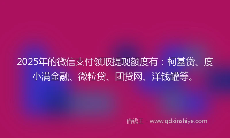 2025年的微信支付领取提现额度有：柯基贷、度小满金融、微粒贷、团贷网、洋钱罐等。
