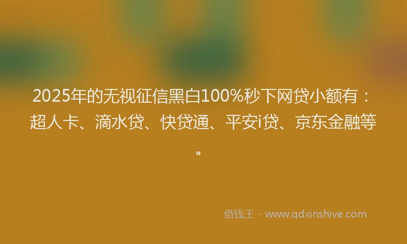 2025年的无视征信黑白100%秒下网贷小额有：超人卡、滴水贷、快贷通、平安i贷、京东金融等。