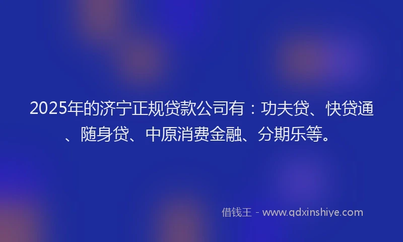 2025年的济宁正规贷款公司有：功夫贷、快贷通、随身贷、中原消费金融、分期乐等。