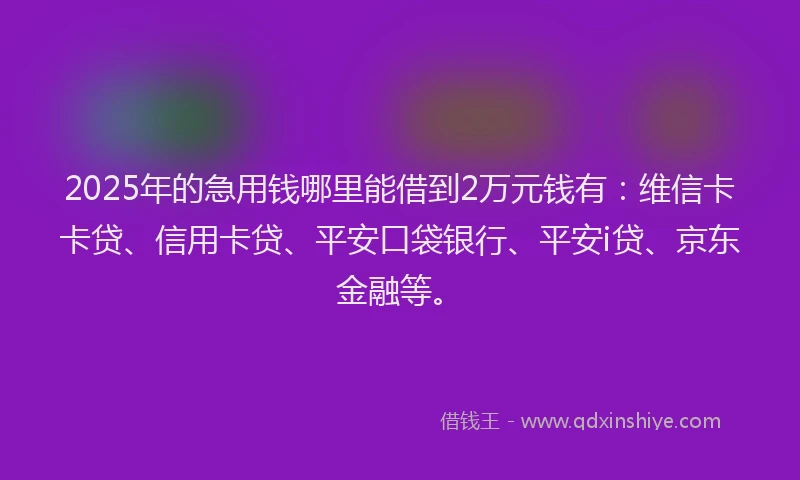 2025年的急用钱哪里能借到2万元钱有：维信卡卡贷、信用卡贷、平安口袋银行、平安i贷、京东金融等。