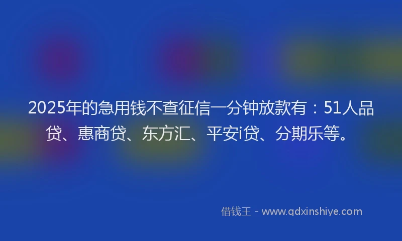 2025年的急用钱不查征信一分钟放款有：51人品贷、惠商贷、东方汇、平安i贷、分期乐等。