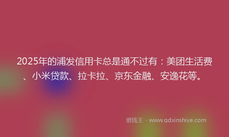 2025年的浦发信用卡总是通不过有：美团生活费、小米贷款、拉卡拉、京东金融、安逸花等。