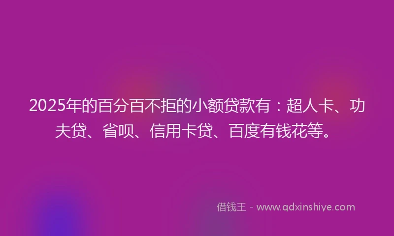 2025年的百分百不拒的小额贷款有：超人卡、功夫贷、省呗、信用卡贷、百度有钱花等。