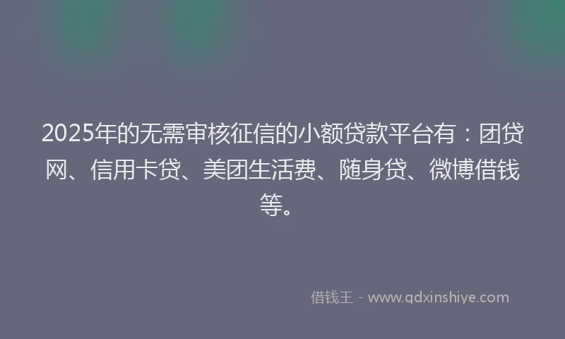 2025年的无需审核征信的小额贷款平台有：团贷网、信用卡贷、美团生活费、随身贷、微博借钱等。