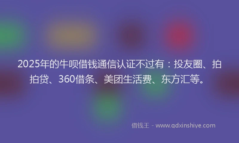 2025年的牛呗借钱通信认证不过有：投友圈、拍拍贷、360借条、美团生活费、东方汇等。
