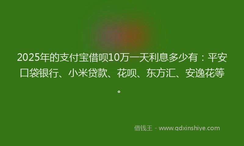 2025年的支付宝借呗10万一天利息多少有：平安口袋银行、小米贷款、花呗、东方汇、安逸花等。