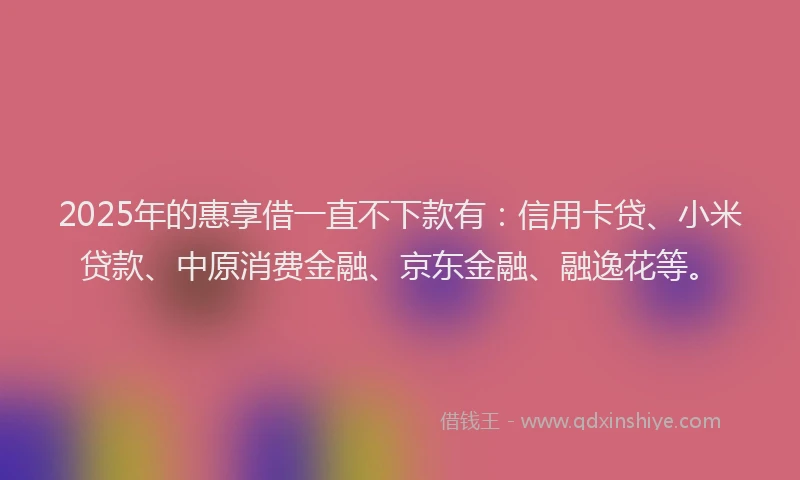 2025年的惠享借一直不下款有：信用卡贷、小米贷款、中原消费金融、京东金融、融逸花等。
