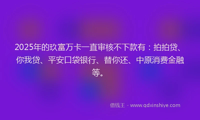 2025年的玖富万卡一直审核不下款有：拍拍贷、你我贷、平安口袋银行、替你还、中原消费金融等。