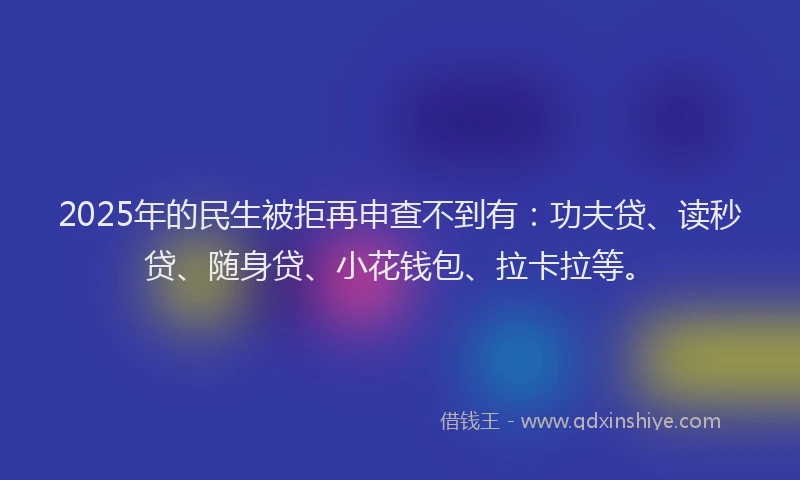 2025年的民生被拒再申查不到有：功夫贷、读秒贷、随身贷、小花钱包、拉卡拉等。