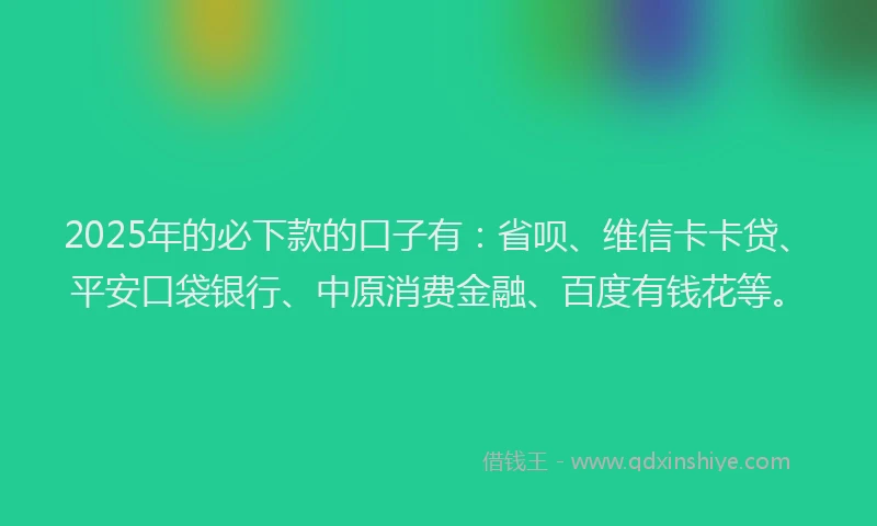 2025年的必下款的口子有：省呗、维信卡卡贷、平安口袋银行、中原消费金融、百度有钱花等。