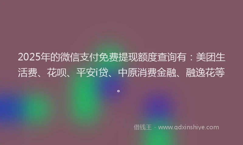 2025年的微信支付免费提现额度查询有：美团生活费、花呗、平安i贷、中原消费金融、融逸花等。