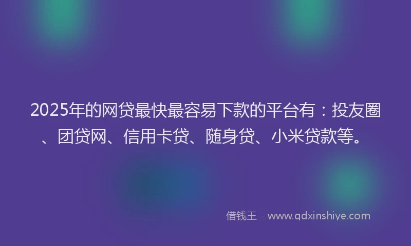 2025年的网贷最快最容易下款的平台有：投友圈、团贷网、信用卡贷、随身贷、小米贷款等。