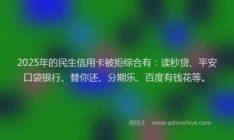 2025年的民生信用卡被拒综合有：读秒贷、平安口袋银行、替你还、分期乐、百度有钱花等。