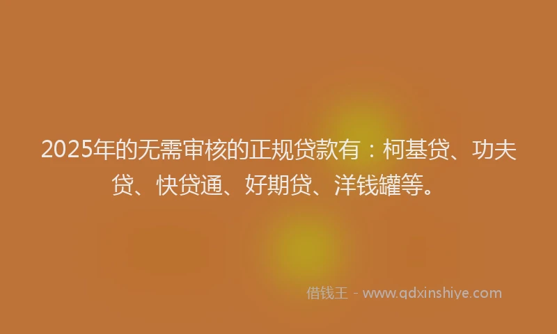 2025年的无需审核的正规贷款有：柯基贷、功夫贷、快贷通、好期贷、洋钱罐等。