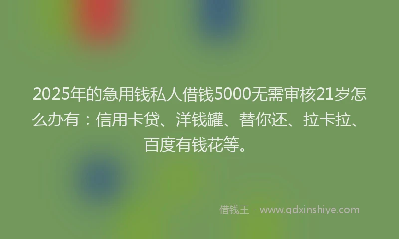 2025年的急用钱私人借钱5000无需审核21岁怎么办有：信用卡贷、洋钱罐、替你还、拉卡拉、百度有钱花等。