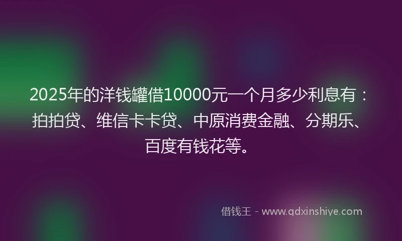2025年的洋钱罐借10000元一个月多少利息有:拍拍贷、维信卡卡贷、中原消费金融、分期乐、百度有钱花等。