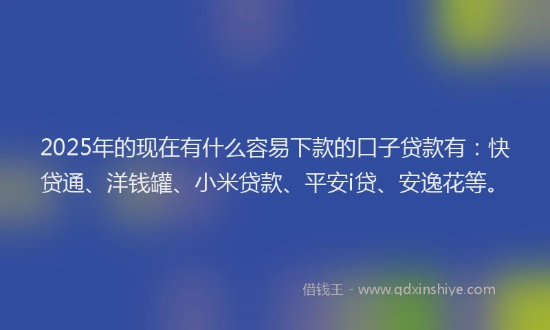 2025年的现在有什么容易下款的口子贷款有：快贷通、洋钱罐、小米贷款、平安i贷、安逸花等。