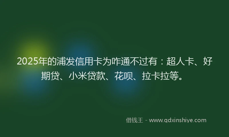 2025年的浦发信用卡为咋通不过有：超人卡、好期贷、小米贷款、花呗、拉卡拉等。