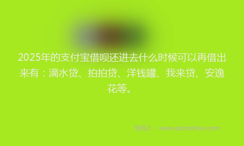 2025年的支付宝借呗还进去什么时候可以再借出来有：滴水贷、拍拍贷、洋钱罐、我来贷、安逸花等。