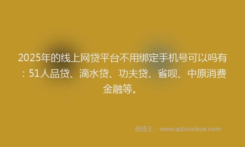 2025年的线上网贷平台不用绑定手机号可以吗有：51人品贷、滴水贷、功夫贷、省呗、中原消费金融等。
