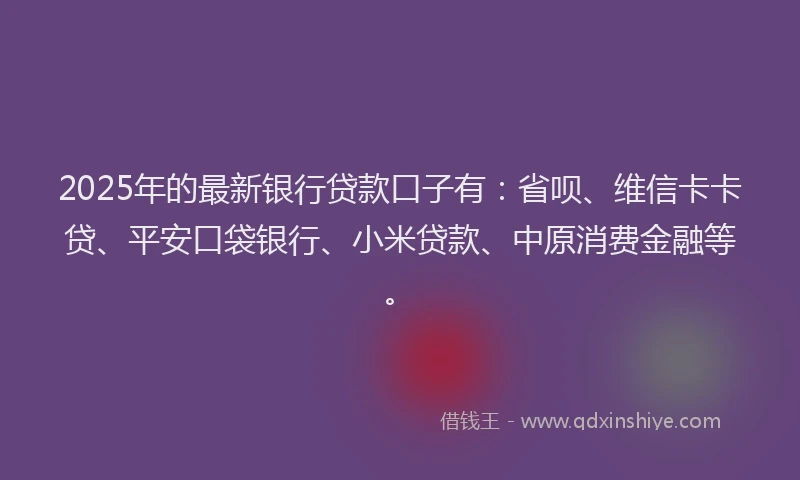 2025年的最新银行贷款口子有：省呗、维信卡卡贷、平安口袋银行、小米贷款、中原消费金融等。