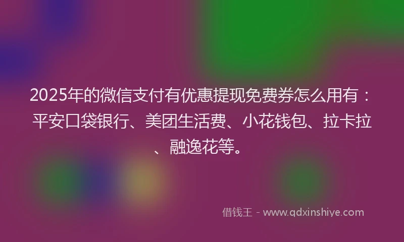2025年的微信支付有优惠提现免费券怎么用有：平安口袋银行、美团生活费、小花钱包、拉卡拉、融逸花等。
