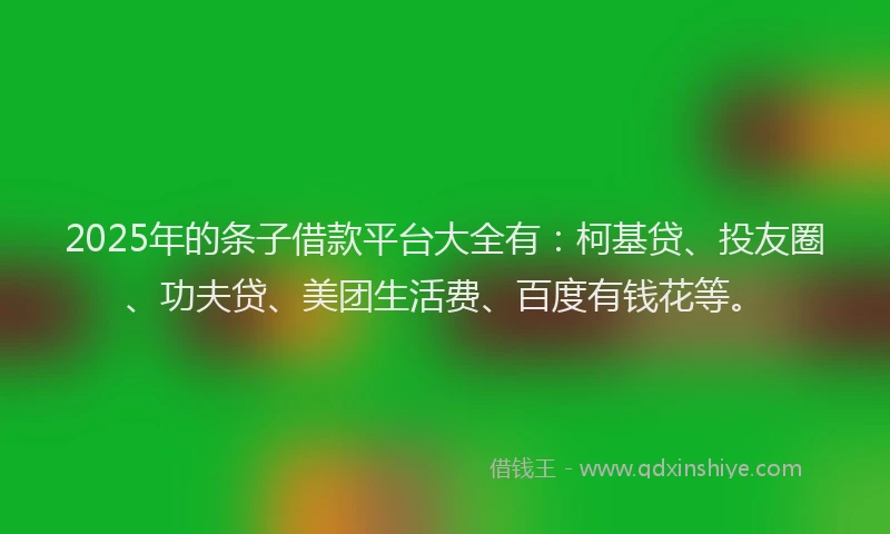 2025年的条子借款平台大全有：柯基贷、投友圈、功夫贷、美团生活费、百度有钱花等。