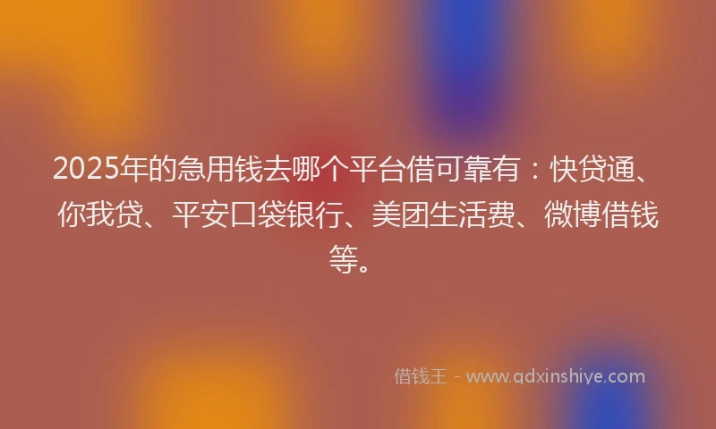 2025年的急用钱去哪个平台借可靠有：快贷通、你我贷、平安口袋银行、美团生活费、微博借钱等。