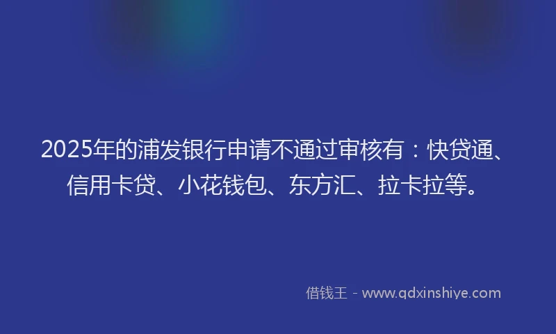 2025年的浦发银行申请不通过审核有：快贷通、信用卡贷、小花钱包、东方汇、拉卡拉等。