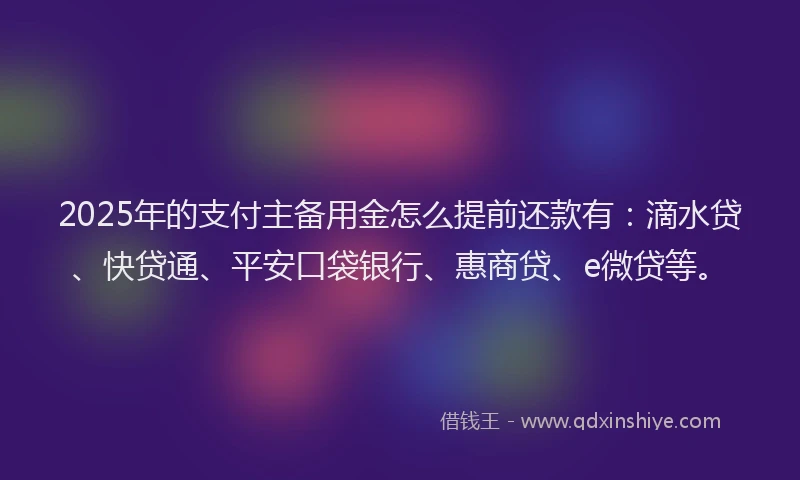 2025年的支付主备用金怎么提前还款有：滴水贷、快贷通、平安口袋银行、惠商贷、e微贷等。
